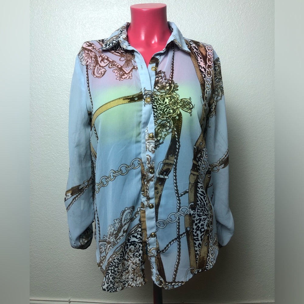 Fashion Nova Light Blue Blouse with Gold Chain Print